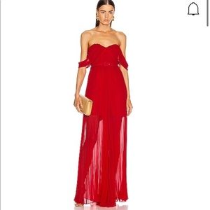 Self-Portrait Off Shoulder Pleated Jumpsuit In Red